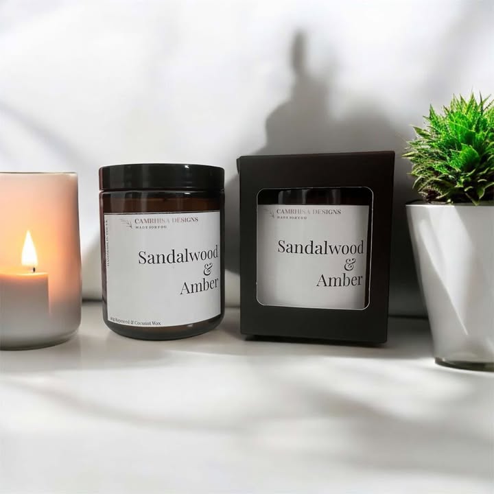 Sandalwood & Amber Candle in Amber Jar – Hand-Poured Luxury