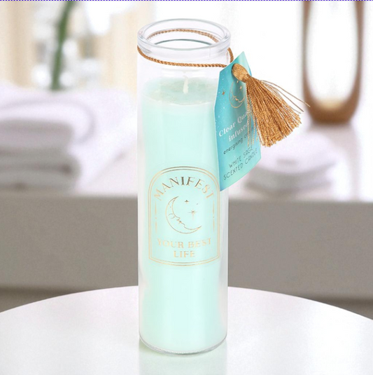 White Sage Tube Candle with Clear Quartz Crystals – Manifest Your Best Life