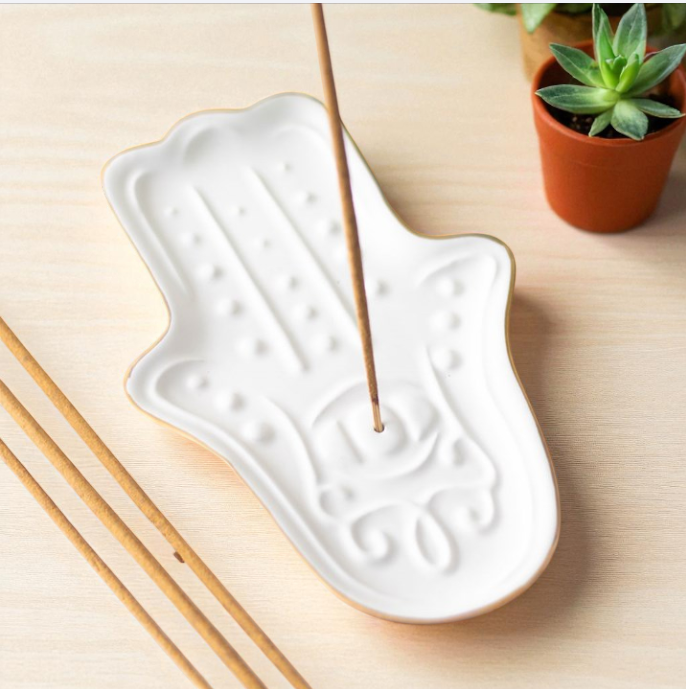 White Hamsa Hand Incense Stick Holder – Spiritual Ceramic Décor