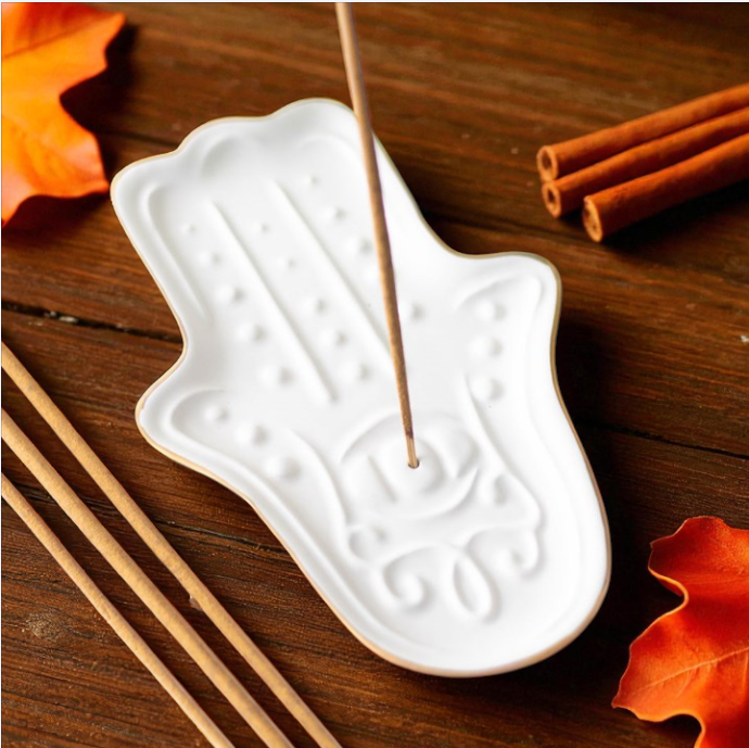 White Hamsa Hand Incense Stick Holder – Spiritual Ceramic Décor