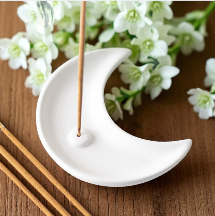 White Crescent Moon Incense Stick Holder – Celestial Ceramic Décor