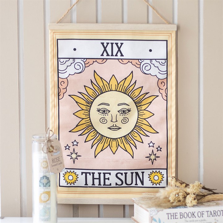 The Sun Tarot Card Fabric Wall Hanging – Celestial Tapestry with Twine Loop