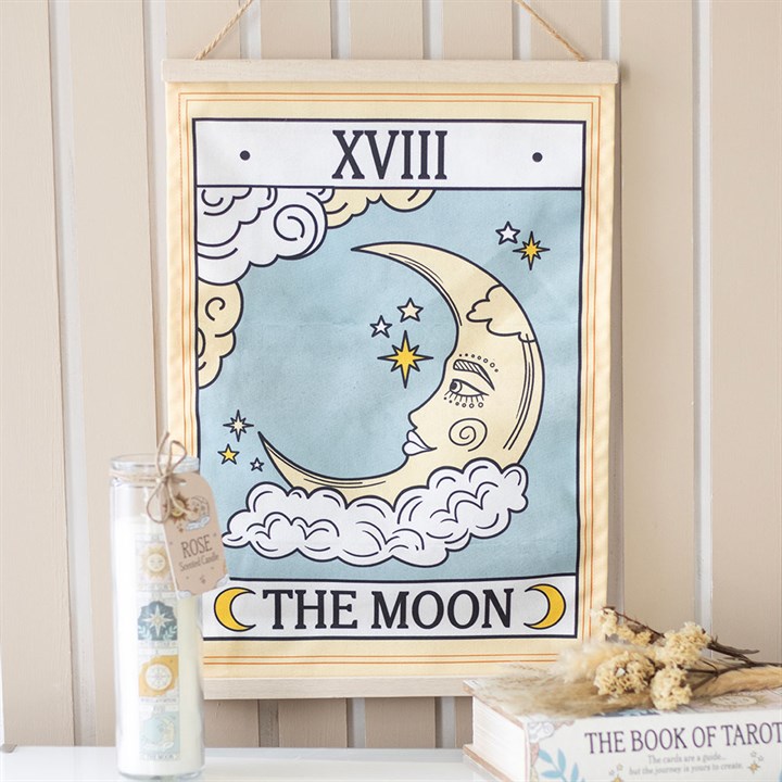 The Moon Tarot Card Fabric Wall Hanging – Celestial Décor with Twine Loop