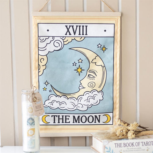 The Moon Tarot Card Fabric Wall Hanging – Celestial Décor with Twine Loop