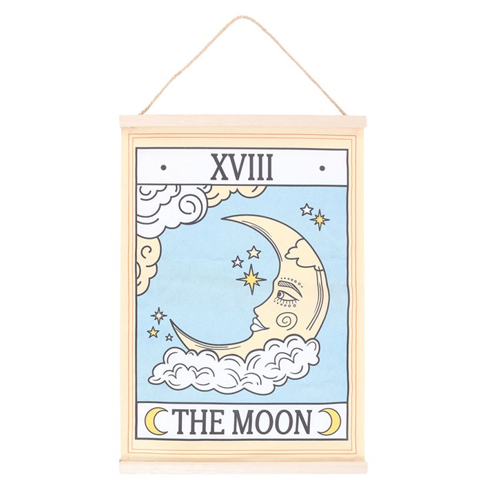 The Moon Tarot Card Fabric Wall Hanging – Celestial Décor with Twine Loop