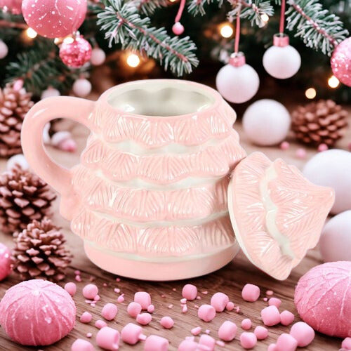Pink Christmas Tree Lidded Mug – Festive Hot Cocoa Treat