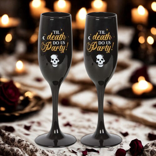 ‘Til Death Do Us Party’ Black & Gold Champagne Glasses – Romantic & Playful