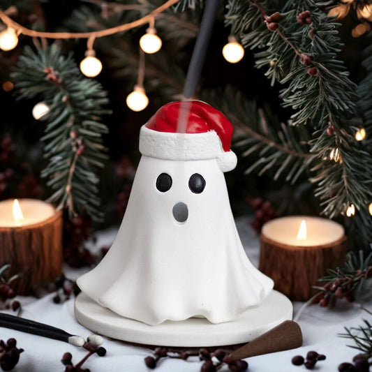 Ghost Incense Cone Holder with Santa Hat – Spooky Festive Décor