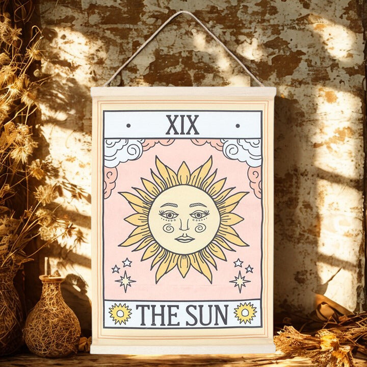 The Sun Tarot Card Fabric Wall Hanging – Celestial Tapestry with Twine Loop