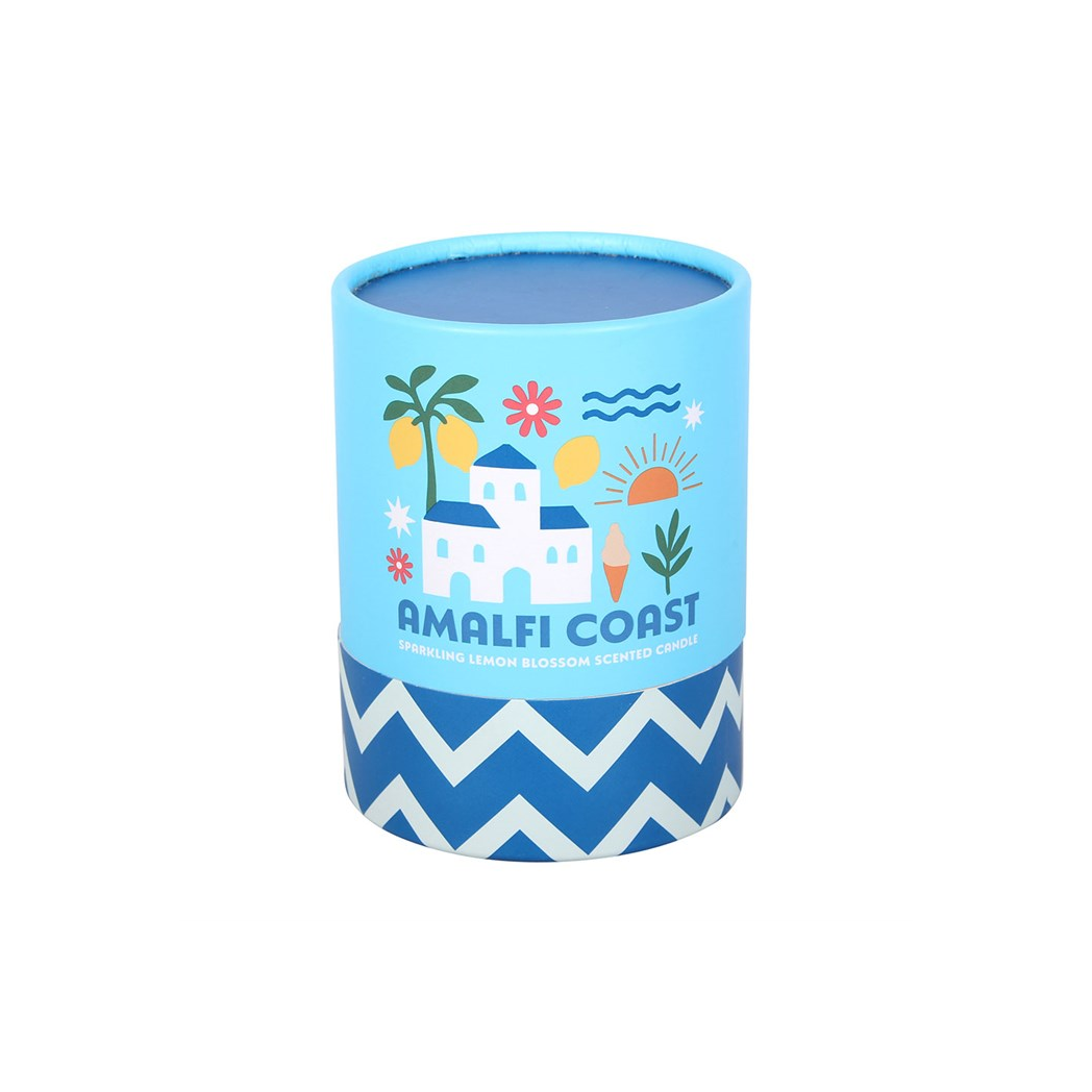Blue container with 'Amalfi Coast' design on a white background