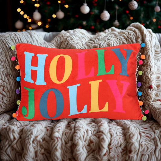 ‘Holly Jolly’ Red Christmas Cushion with Pom-Pom Detailing