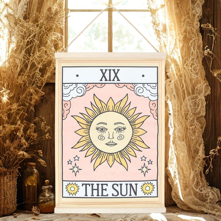The Sun Tarot Card Fabric Wall Hanging – Celestial Tapestry with Twine Loop