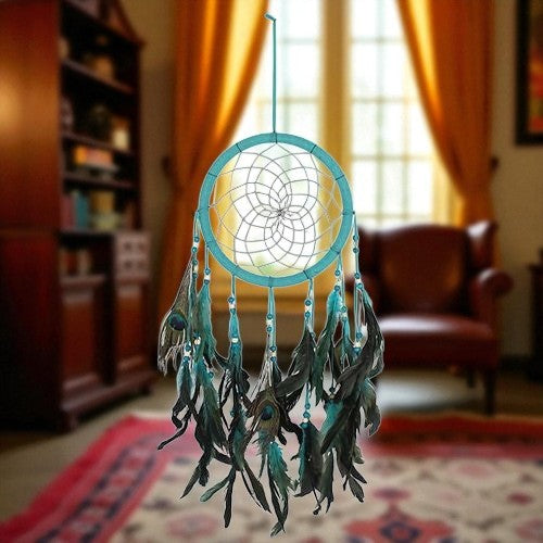 Vibrant Peacock Feather Dreamcatcher – Blues & Greens