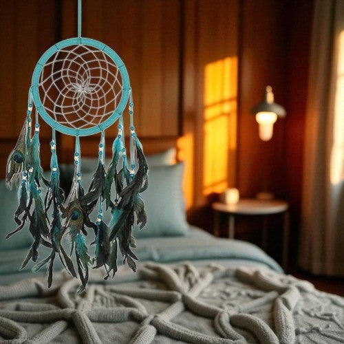 Vibrant Peacock Feather Dreamcatcher – Blues & Greens