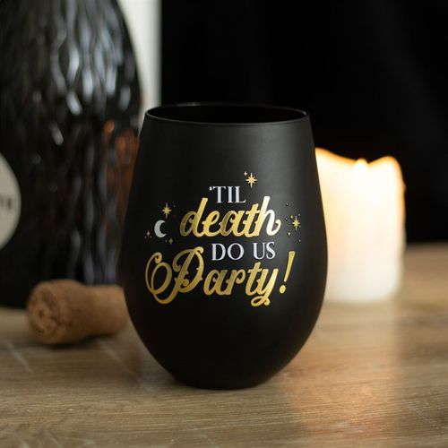 ‘Til Death Do Us Party’ Black & Gold Stemless Wine Glass – Dark Humour & Elegant