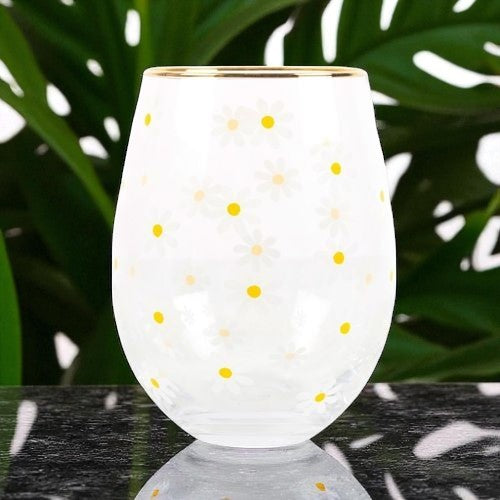 Daisy Print Stemless Glass with Gold Rim – 500ml