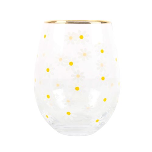 Daisy Print Stemless Glass with Gold Rim – 500ml