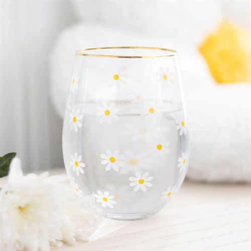 Daisy Print Stemless Glass with Gold Rim – 500ml