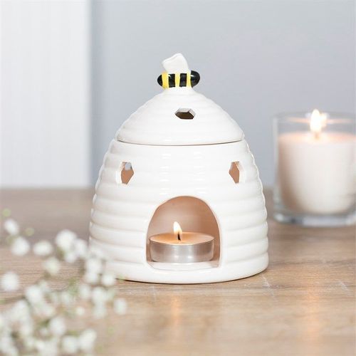 White Beehive Ceramic Oil Burner with Lid