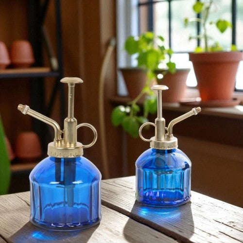 Vintage-Style Blue Glass Plant Mister with Gold Pump
