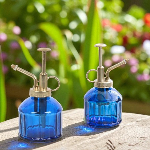 Vintage-Style Blue Glass Plant Mister with Gold Pump