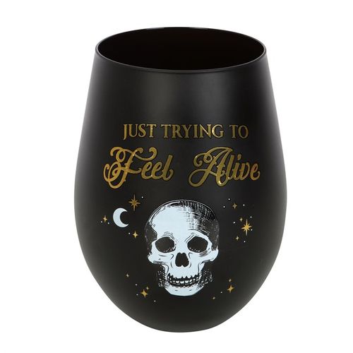 Black & Gold Stemless Wine Glass – ‘Just Trying to Feel Alive’ Skeleton Design (500ml)