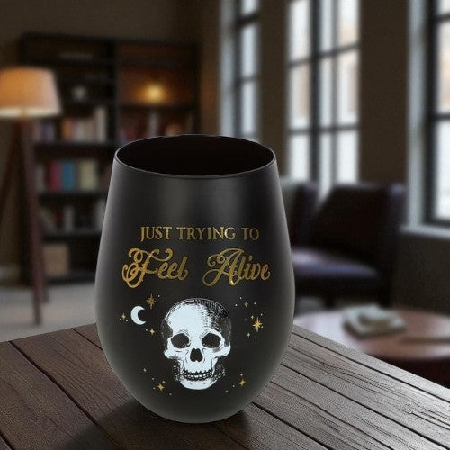 Black & Gold Stemless Wine Glass – ‘Just Trying to Feel Alive’ Skeleton Design (500ml)