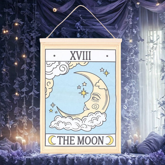 The Moon Tarot Card Fabric Wall Hanging – Celestial Décor with Twine Loop