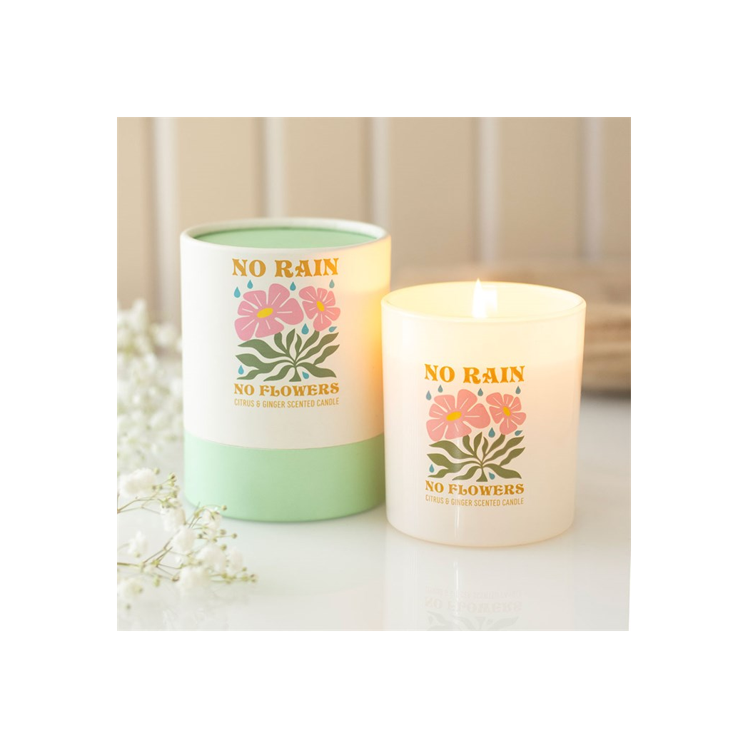 Candle with 'No Rain, No Flowers' branding and floral design on a white background