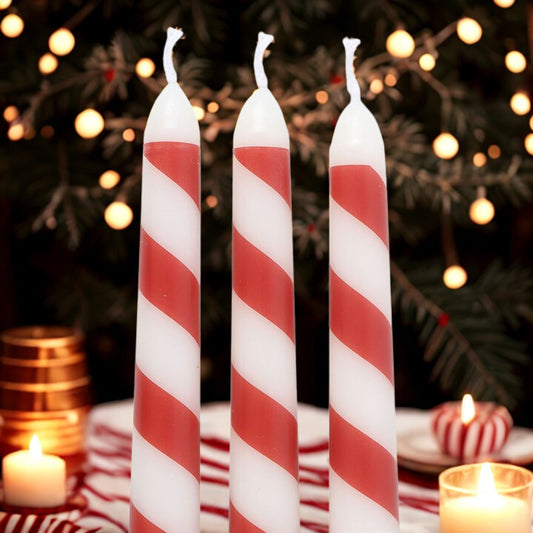 Candy Cane Stripe Taper Candle Set – 3 Unscented Festive Candles