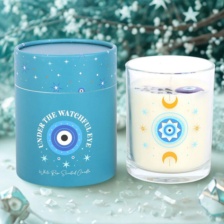 Under Watchful Eyes White Rose Candle with Crystals