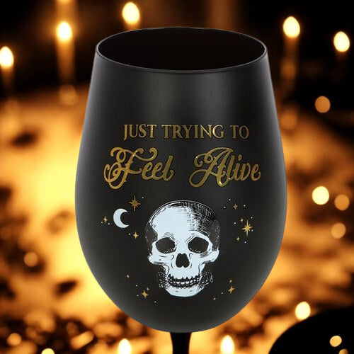 Black & Gold Stemless Wine Glass – ‘Just Trying to Feel Alive’ Skeleton Design (500ml)