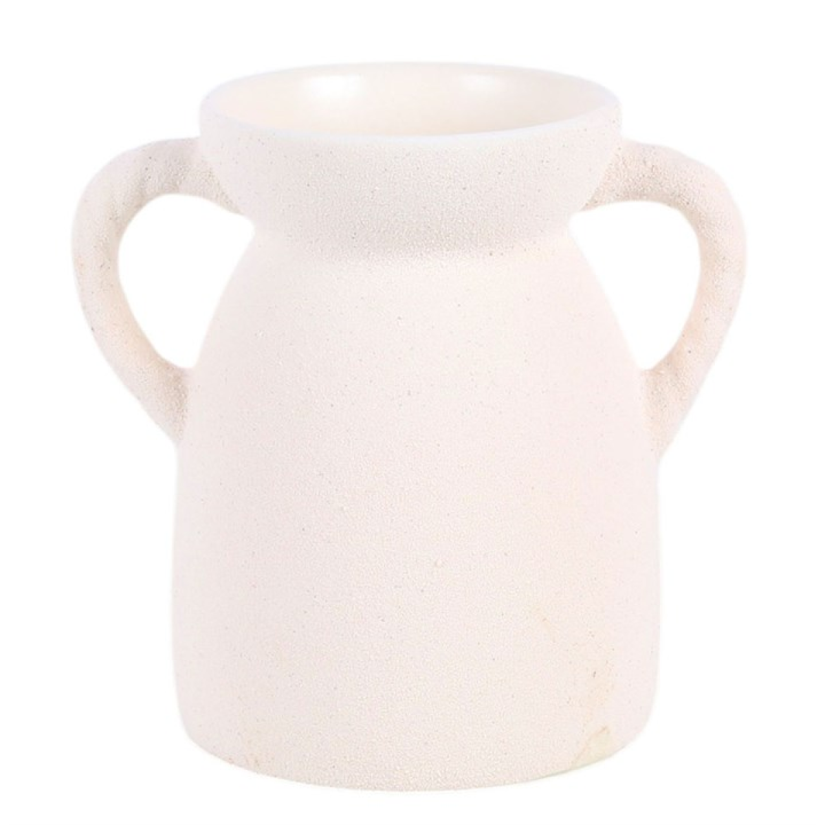 White ceramic jar with handles on a white background