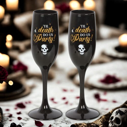 ‘Til Death Do Us Party’ Black & Gold Champagne Glasses – Romantic & Playful