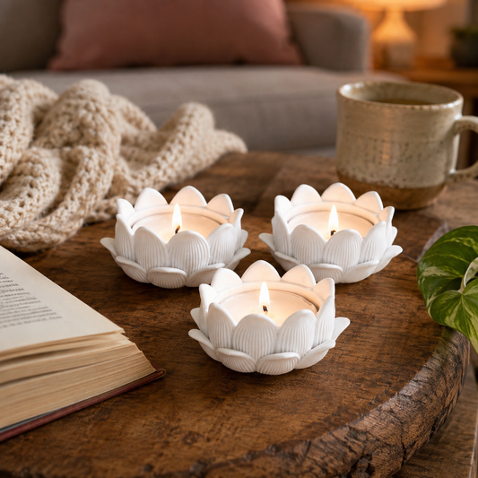 Set of 3 White Lotus Flower Tealight Holders