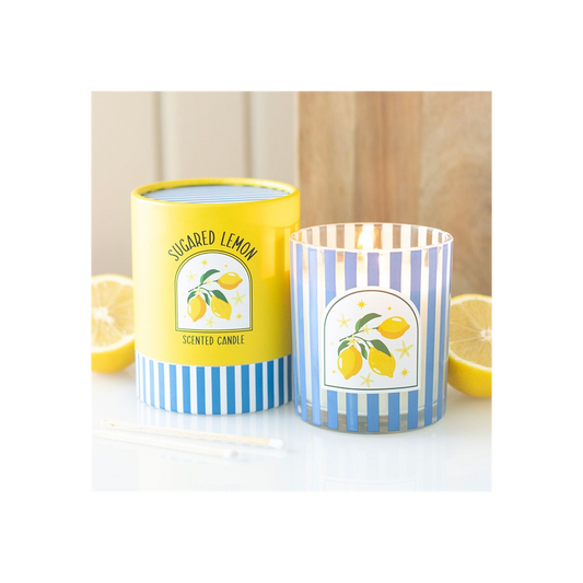 Sugared Lemon scented candles with striped containers on a white background