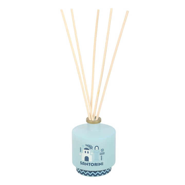 Light blue diffuser bottle with wooden sticks on a white background