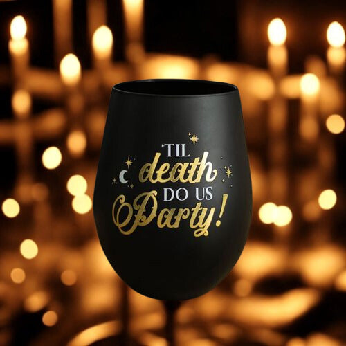 ‘Til Death Do Us Party’ Black & Gold Stemless Wine Glass – Dark Humour & Elegant