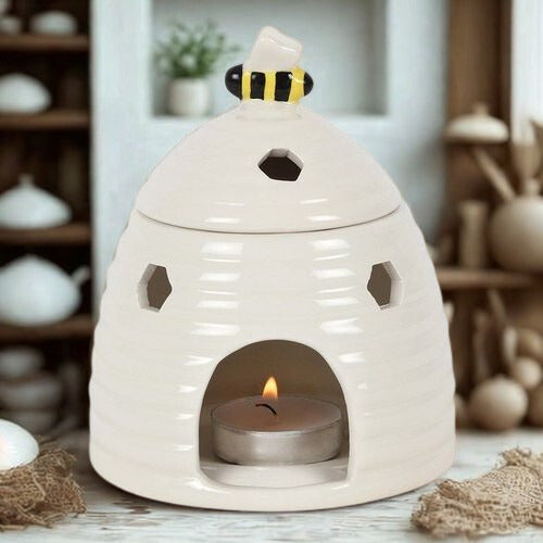 White Beehive Ceramic Oil Burner with Lid