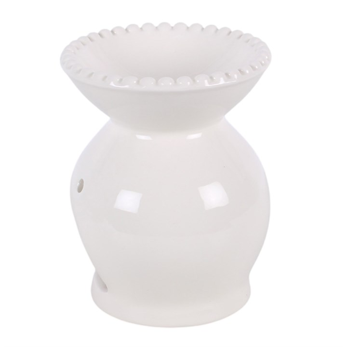 White ceramic oil burner with decorative top on a white background