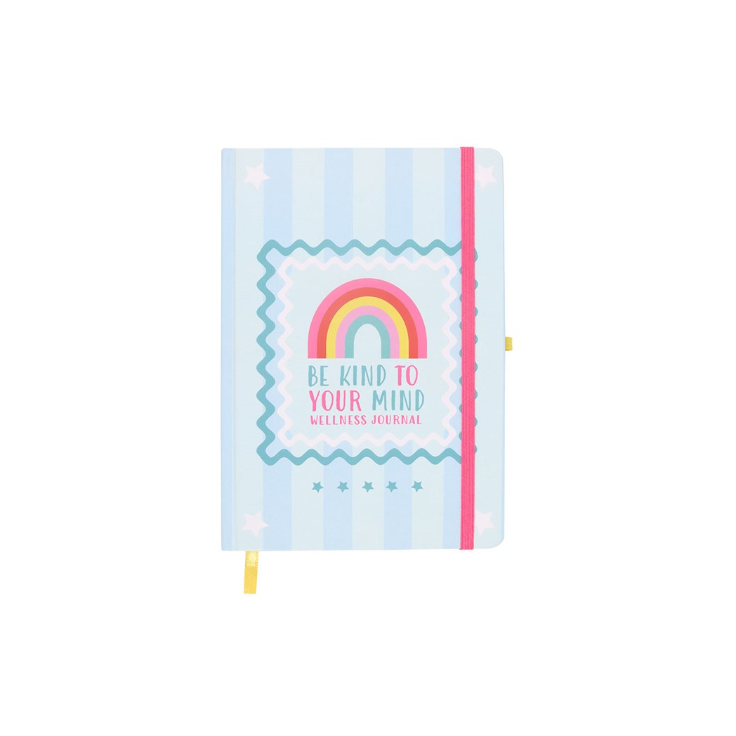 Journal with a rainbow design and text on a white background
