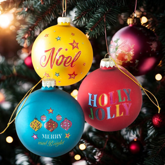 Set of 3 Glass Christmas Baubles – Holly Jolly, Noel & Merry and Bright