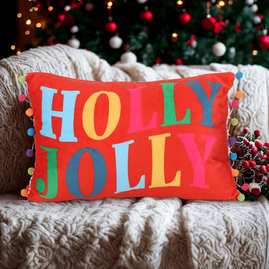 ‘Holly Jolly’ Red Christmas Cushion with Pom-Pom Detailing