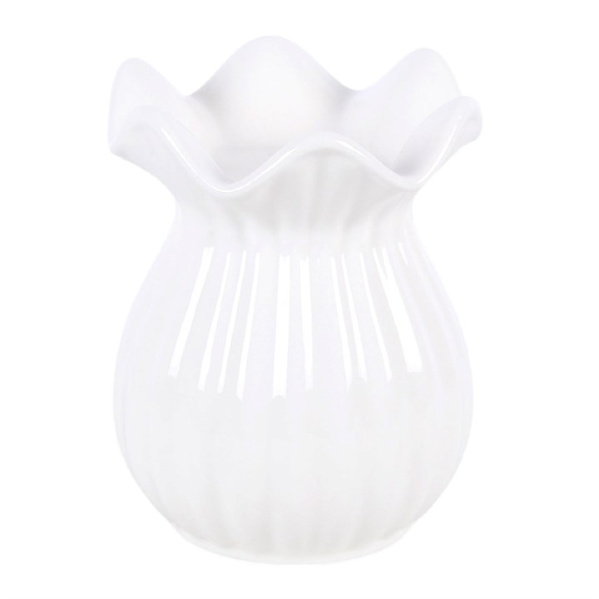 White ceramic oil burner with a pleated design on a white background