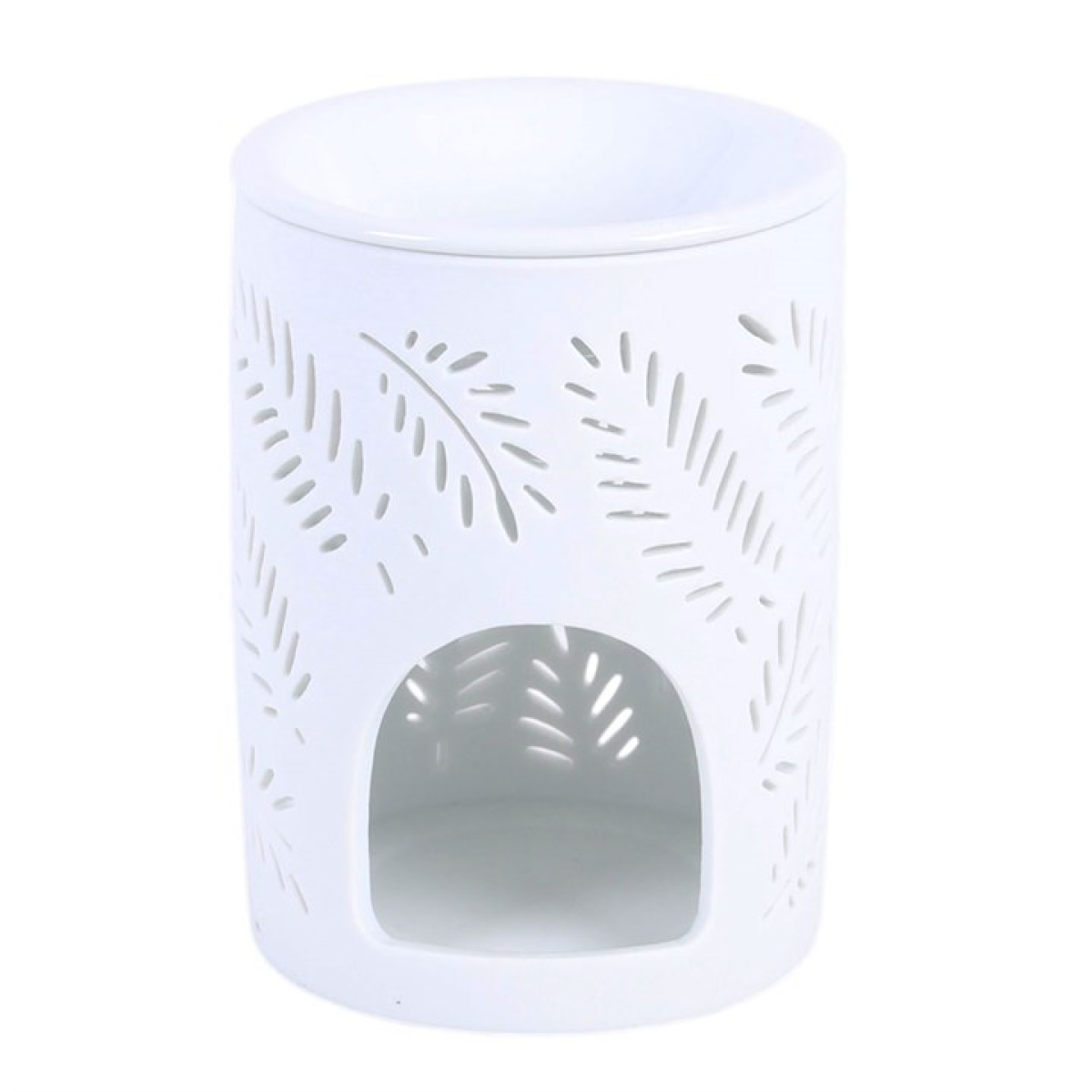 White ceramic oil burner with leaf patterns on a white background