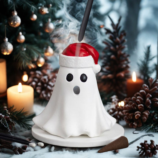Ghost Incense Cone Holder with Santa Hat – Spooky Festive Décor