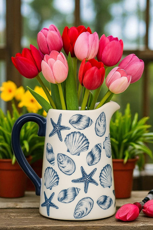Coastal Charm Flower Jug – Blue Seashell & Starfish Design