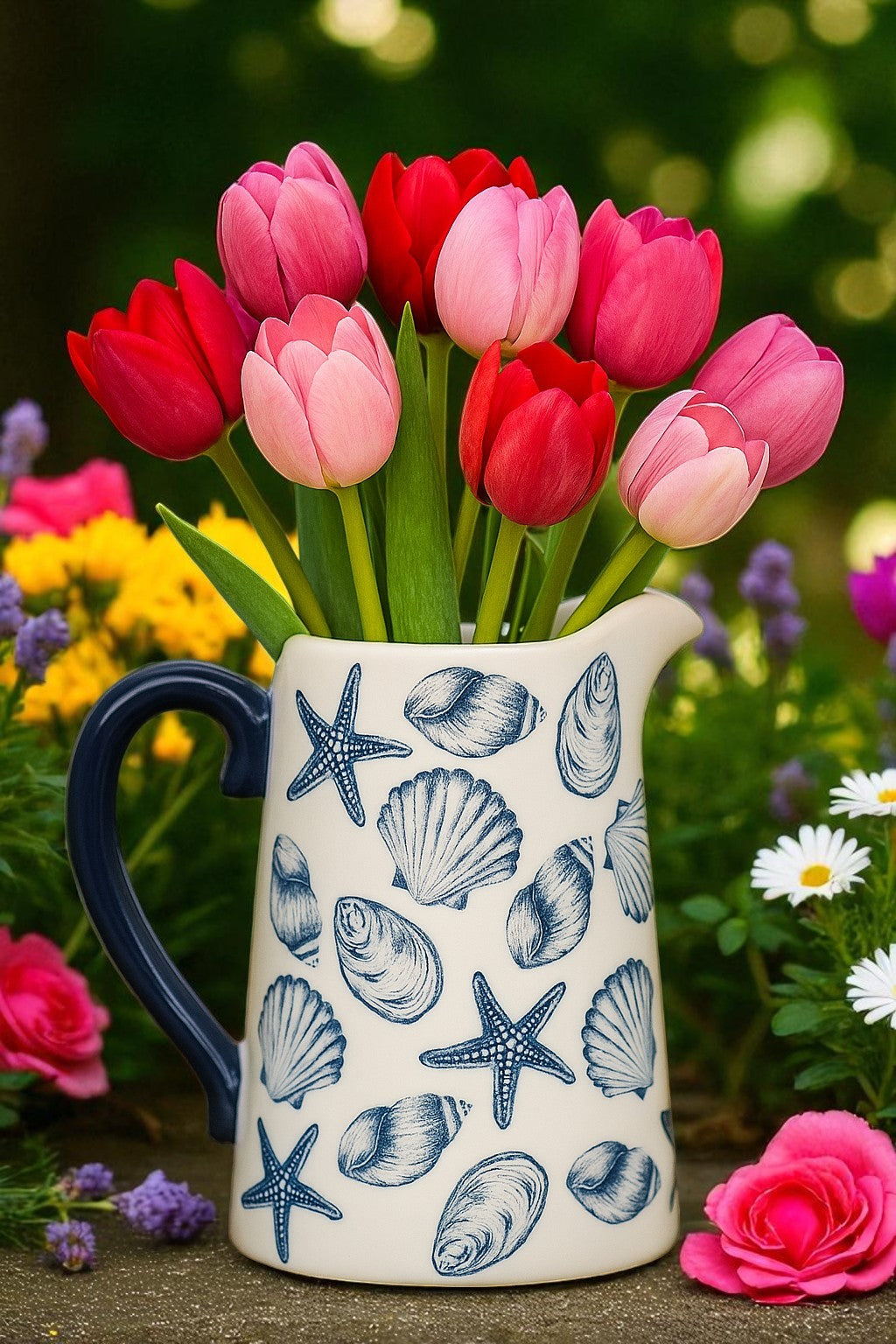Coastal Charm Flower Jug – Blue Seashell & Starfish Design