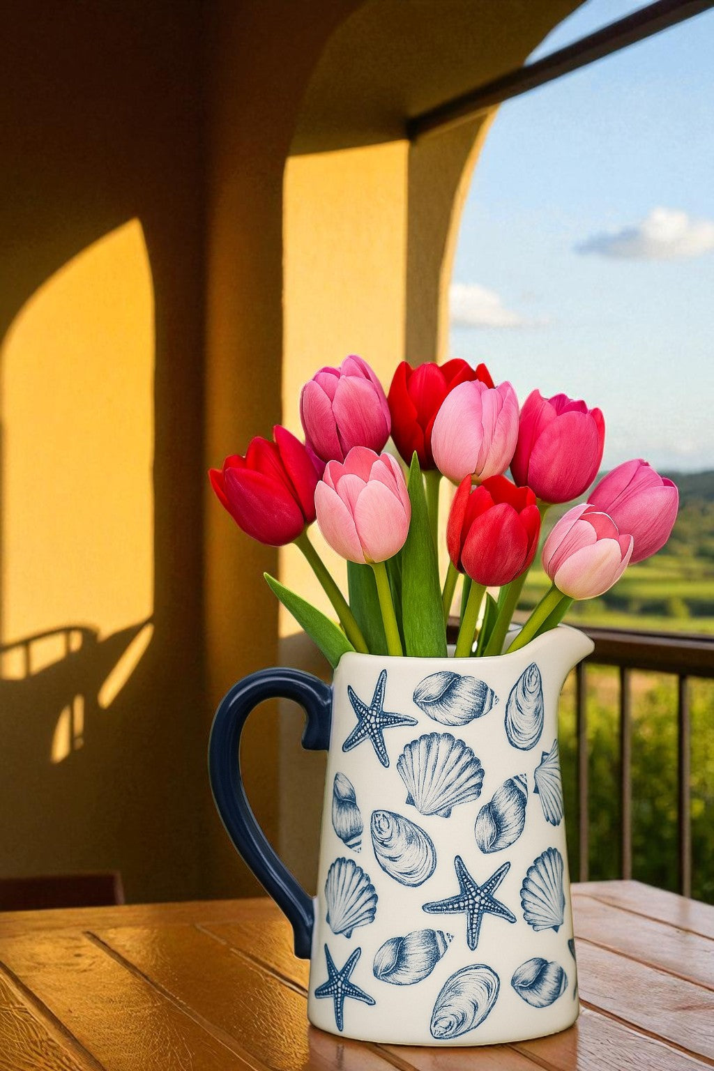 Coastal Charm Flower Jug – Blue Seashell & Starfish Design