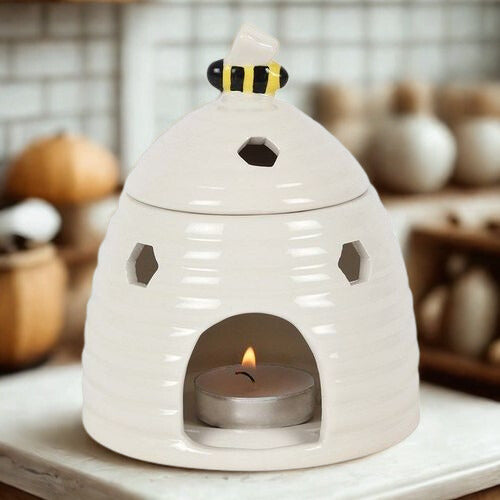 White Beehive Ceramic Oil Burner with Lid